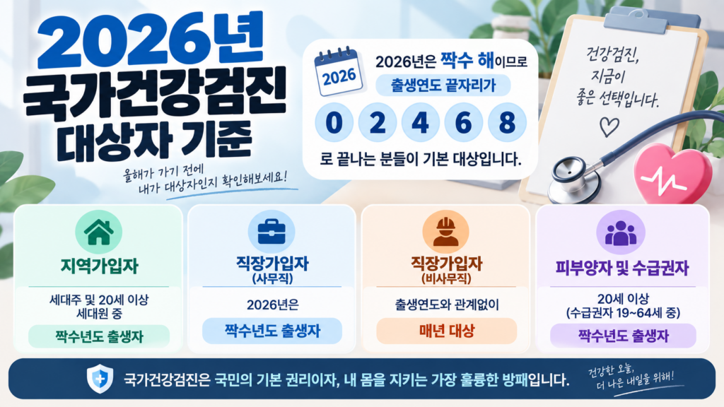 2026년 국가건강검진 대상자 확인 및 연말을 피해야 하는 이유 3가지 2 2026년 국가건강검진 대상자 기준을 안내하는 인포그래픽 이미지로, 짝수 해 대상자(출생연도 끝자리 0, 2, 4, 6, 8) 안내와 함께 지역가입자, 직장가입자(사무직/비사무직), 피부양자 및 수급권자별 구체적인 수검 자격 요건이 설명되어 있습니다.