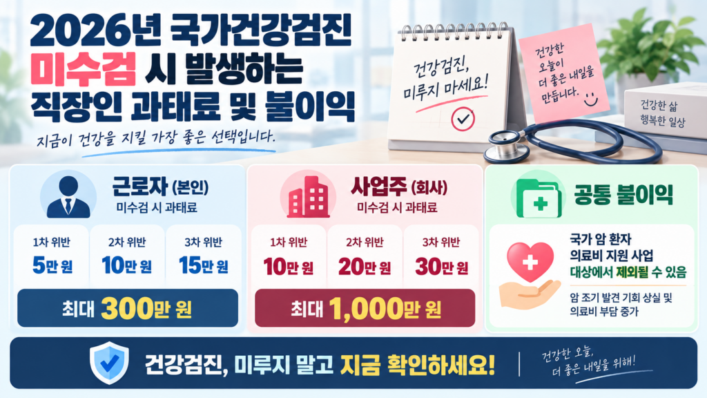 2026년 국가건강검진 대상자 확인 및 연말을 피해야 하는 이유 3가지 4 2026년 국가건강검진 미수검 시 발생하는 직장인 과태료 및 불이익 안내 인포그래픽으로, 근로자(본인) 및 사업주(회사)의 위반 차수별 과태료(최대 금액 포함)와 국가 암 환자 의료비 지원 사업 제외 등 공통 불이익 항목이 설명되어 있습니다.