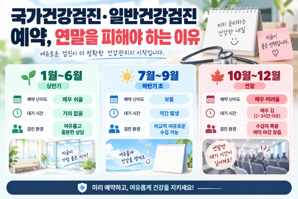 2026년 국가건강검진 대상자 확인 및 연말을 피해야 하는 이유 3가지 3 국가건강검진 및 일반건강검진 예약 시 연말을 피해야 하는 이유를 시기별(1~6월 상반기, 7~9월 하반기 초, 10~12월 연말) 예약 난이도, 대기 시간, 검진 환경 조건으로 비교해 놓은 인포그래픽 이미지.