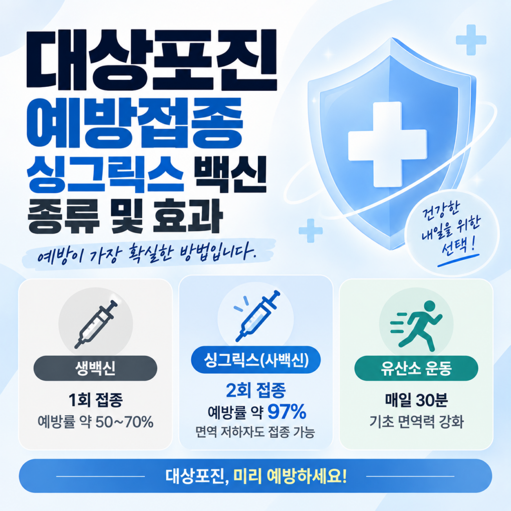 대상포진 예방접종 필요성 및 싱그릭스 백신 종류 핵심요약 5 대상포진 예방접종 백신 종류(생백신, 싱그릭스 사백신) 및 예방 효과 비교 카드뉴스. 생백신(1회 접종, 예방률 50~70%), 싱그릭스(2회 접종, 예방률 97%), 유산소 운동(매일 30분) 내용 요약