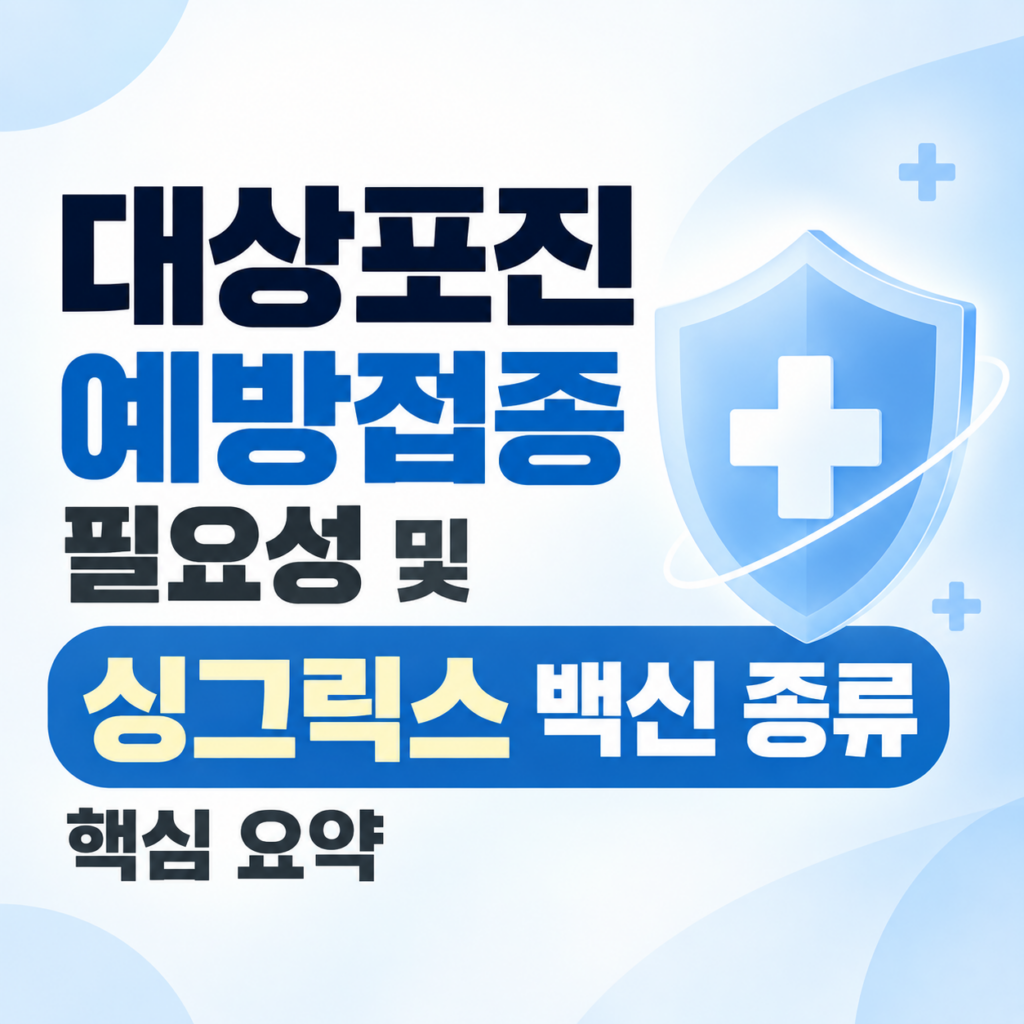 대상포진 예방접종 필요성 및 싱그릭스 백신 종류 핵심 요약 텍스트와 푸른색 십자가 방패 아이콘이 들어간 건강 정보 썸네일