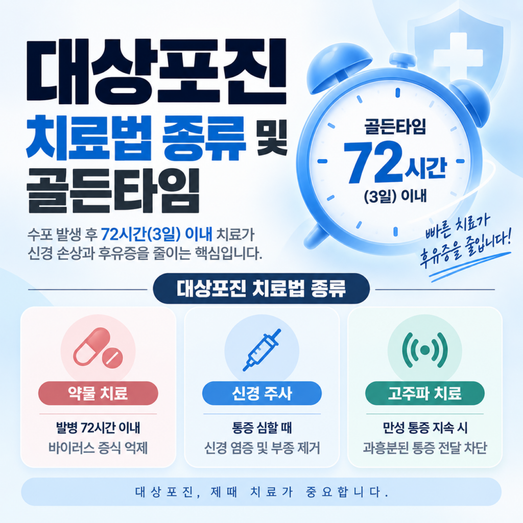 대상포진 예방접종 필요성 및 싱그릭스 백신 종류 핵심요약 4 대상포진 치료법 종류와 72시간 골든타임을 설명하는 카드뉴스. 약물 치료, 신경 주사, 고주파 치료 3가지 치료법과 골든타임 시계 일러스트가 포함된 이미지