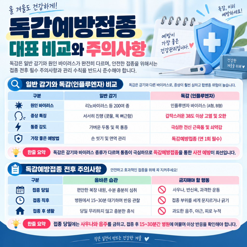 독감예방접종 시기부터 무료 대상까지(2026~2027) 4 일반 감기와 독감(인플루엔자)의 차이점 및 독감 예방접종 전후 주의사항을 안내하는 인포그래픽. 상단에는 원인 바이러스, 증상, 통증, 예방법을 다룬 감기와 독감 비교 표가 있고, 하단에는 접종 당일, 직후, 접종 후 생활 시 지켜야 할 올바른 습관과 금지 행동(사우나, 음주, 부위 문지르기 금지 등)이 표로 정리되어 있습니다.