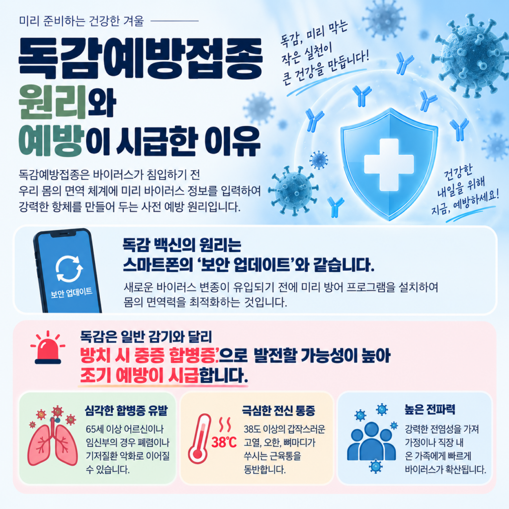 독감예방접종 시기부터 무료 대상까지(2026~2027) 2 독감 예방접종의 원리와 조기 예방의 필요성을 설명하는 인포그래픽. 백신 원리를 스마트폰 보안 업데이트에 비유하고, 방치 시 발생할 수 있는 심각한 합병증, 38도 이상의 고열과 전신 통증, 높은 전파력 등 3가지 위험 요소를 시각적 아이콘과 함께 안내하고 있습니다.