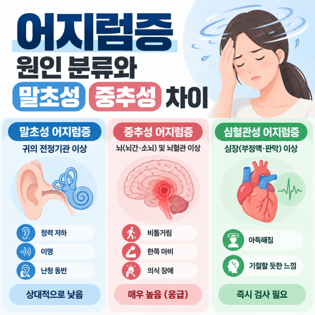 어지럼증 원인 파악하는 3가지 자가진단 및 핵심 치료법 2 어지럼증 원인 분류와 말초성, 중추성, 심혈관성 어지럼증의 차이를 설명하는 인포그래픽 이미지. 귀의 전정기관 이상으로 인한 말초성(청력 저하, 이명, 난청), 뇌 및 뇌혈관 이상으로 인한 중추성(비틀거림, 한쪽 마비, 의식 장애), 심장 이상으로 인한 심혈관성(아득해짐, 기절할 듯한 느낌)의 특징과 위험도가 비교되어 있습니다.