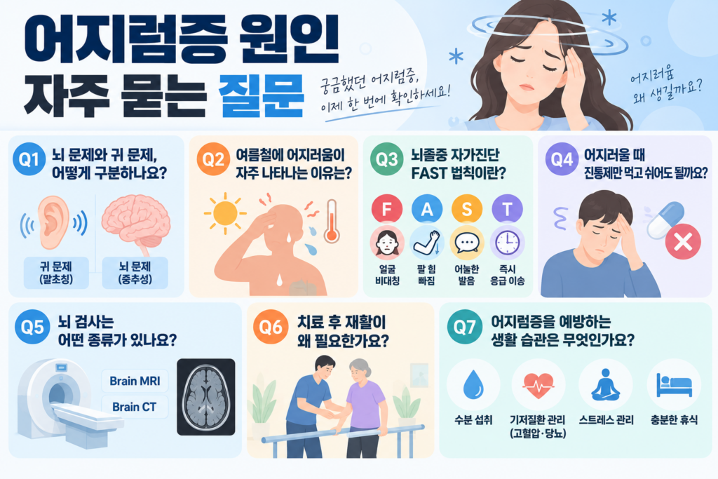 어지럼증 원인 파악하는 3가지 자가진단 및 핵심 치료법 5 어지럼증 원인 관련 자주 묻는 질문(FAQ) 7가지를 안내하는 인포그래픽 이미지. 귀·뇌 문제 구분, 여름철 어지럼증, FAST 자가진단, 진통제 복용 주의, 뇌 검사 종류, 재활 치료, 예방 생활 습관(수분 섭취, 기저질환 관리, 스트레스 관리, 휴식)이 설명되어 있습니다.