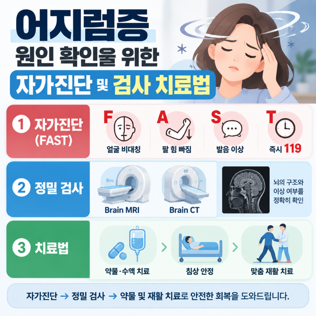 어지럼증 원인 파악하는 3가지 자가진단 및 핵심 치료법 4 어지럼증 원인 확인을 위한 FAST 자가진단, 정밀 검사(Brain MRI, CT), 치료법 단계를 설명하는 인포그래픽 이미지. 얼굴 비대칭·팔 힘 빠짐·발음 이상 시 즉시 119 신고 수칙과 뇌 정밀 검사, 약물·수액 치료, 침상 안정, 맞춤 재활 치료 과정이 서술되어 있습니다.