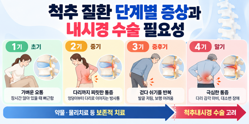 송도 정형외과 척추내시경, 단방향 양방향 2가지 비교 및 수술 대상자 알아볼게요 2 요추 질환의 진행 단계를 초기부터 말기까지 구분하여 요통, 하지 방사통, 신경인성 파행, 감각 마비 및 대소변 장애 등의 증상과 척추내시경 수술 적응증을 설명한 의료 일러스트