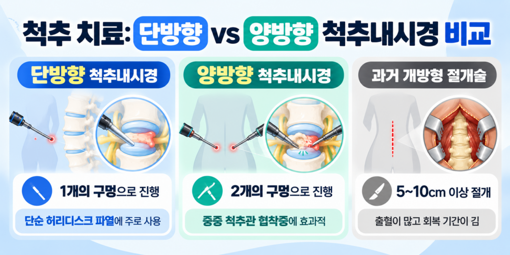 송도 정형외과 척추내시경, 단방향 양방향 2가지 비교 및 수술 대상자 알아볼게요 3 단방향 척추내시경(Uniportal Endoscopic Spine Surgery), 양방향 척추내시경(Biportal Endoscopic Spine Surgery), 기존 개방형 척추수술의 접근 방식과 절개 범위를 비교한 의료 일러스트