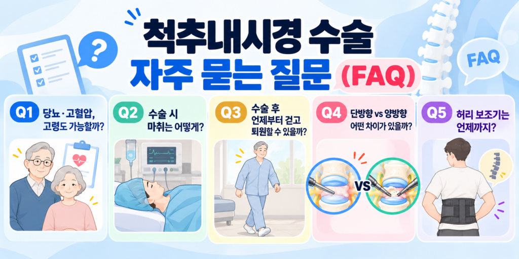 송도 정형외과 척추내시경, 단방향 양방향 2가지 비교 및 수술 대상자 알아볼게요 5 척추내시경 수술(Endoscopic Spine Surgery)에 관한 당뇨·고혈압 및 고령 환자의 수술 가능 여부, 마취 방법, 수술 후 보행과 퇴원 시기, 단방향·양방향 내시경 차이, 허리 보조기 착용 기간을 안내하는 FAQ 이미지