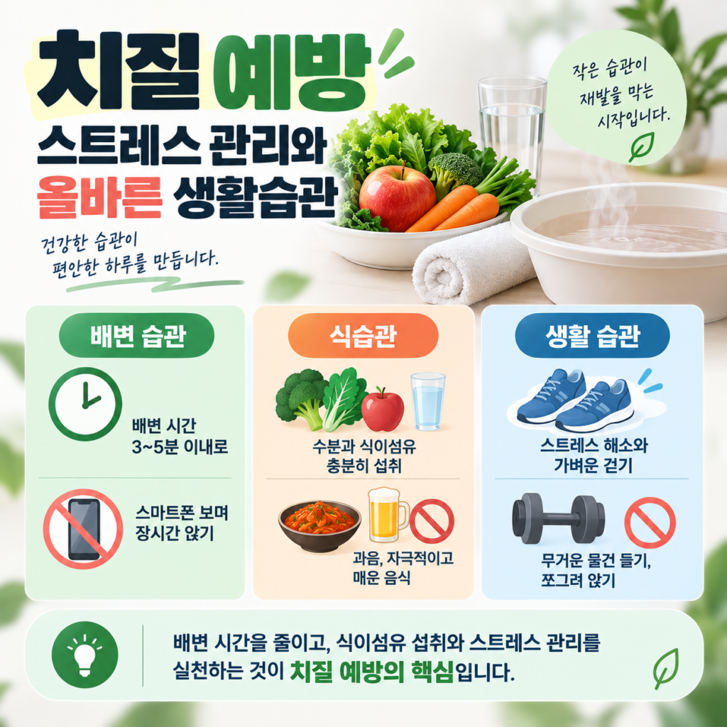 치질 예방을 위한 올바른 배변 습관, 식습관, 생활 습관 수칙과 온수 좌욕, 신선한 채소, 운동화 아이콘 등이 포함된 인포그래픽 이미지