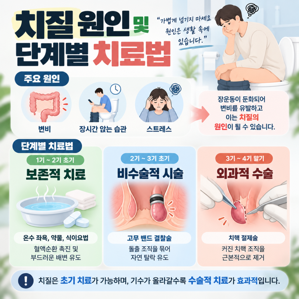 치질의 주요 원인(변비, 장시간 앉는 습관, 스트레스)과 병기별 치료 방법(보존적 치료, 고무 밴드 결찰술, 치핵 절제술)을 안내하는 건강 정보 인포그래픽 이미지