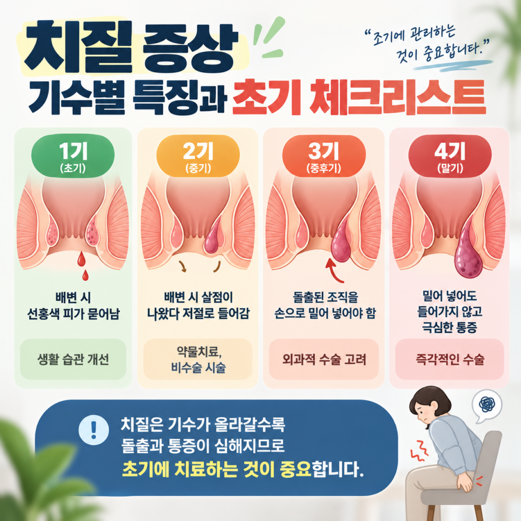 치질(내치핵)의 1기부터 4기까지 기수별 진행 상태 해부도와 출혈, 돌출 등 대표 증상, 그리고 단계별 치료법(생활 습관 개선, 약물, 수술)을 정리한 인포그래픽 이미지