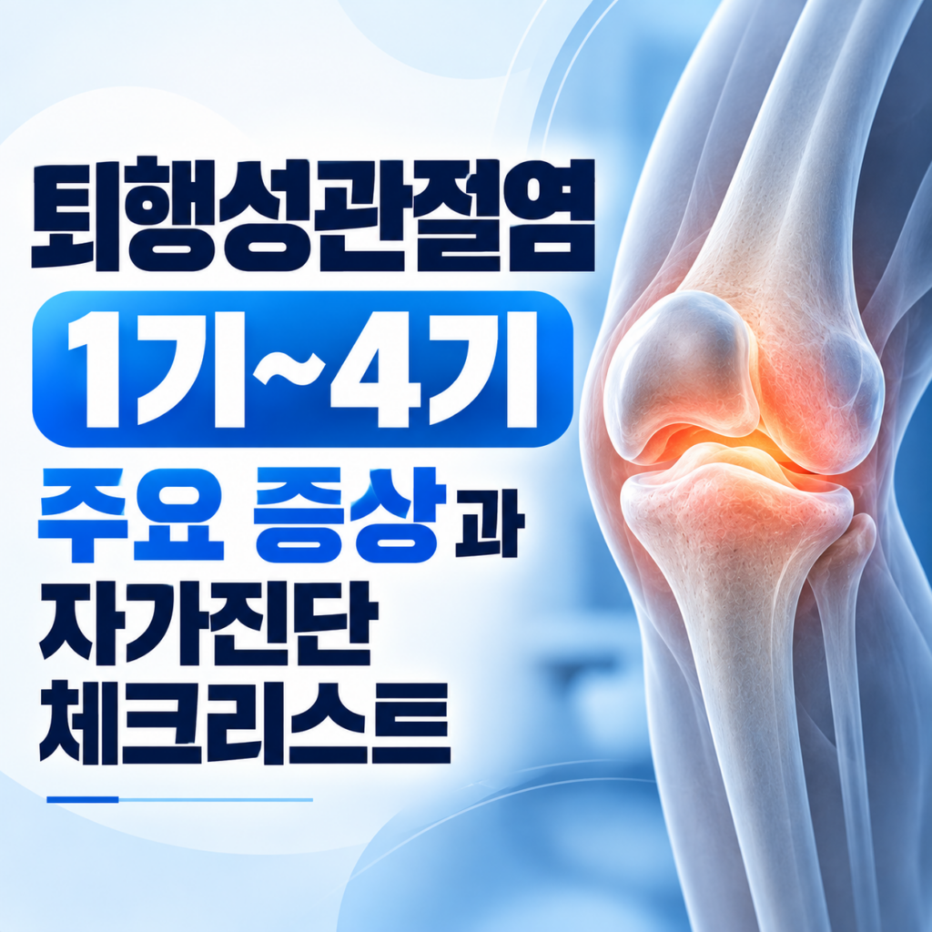 '퇴행성관절염 1기~4기 주요 증상과 자가진단 체크리스트' 텍스트와 함께 관절 부위에 붉은 통증 효과가 투영된 3D 뼈 그래픽