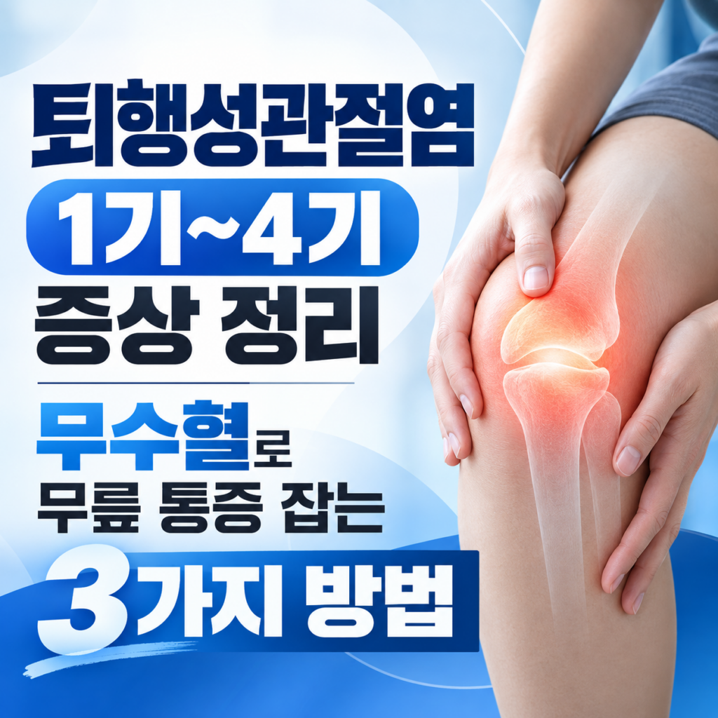 '퇴행성관절염 1기~4기 증상 정리, 무수혈로 무릎 통증 잡는 3가지 방법' 안내 문구와 관절에 붉은 통증 효과가 표시된 무릎을 손으로 감싸 쥔 모습