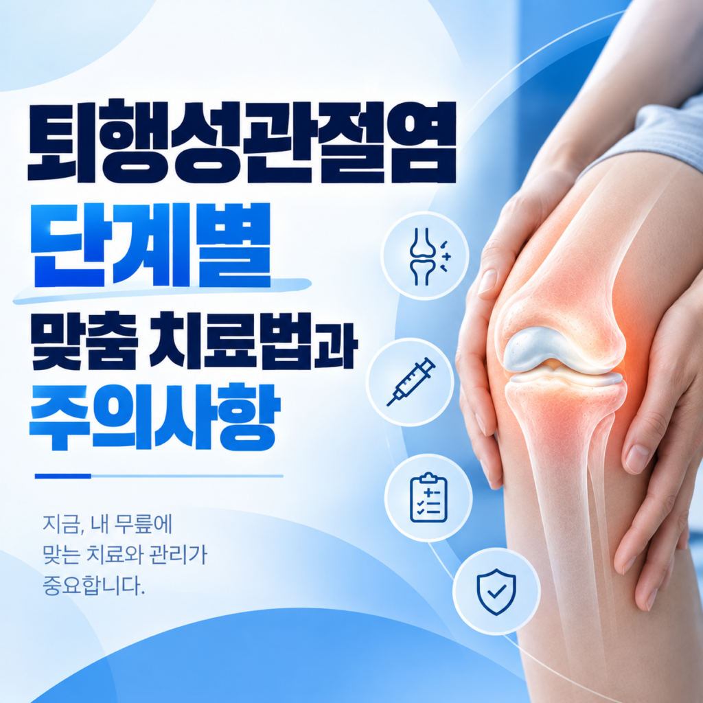 '퇴행성관절염 단계별 맞춤 치료법 및 주의사항'이라는 텍스트와 함께 붉게 빛나는 무릎 관절 해부도와 네 개의 치료/관리 아이콘(질환, 주사, 차트, 방패)이 포함된 정보 이미지.