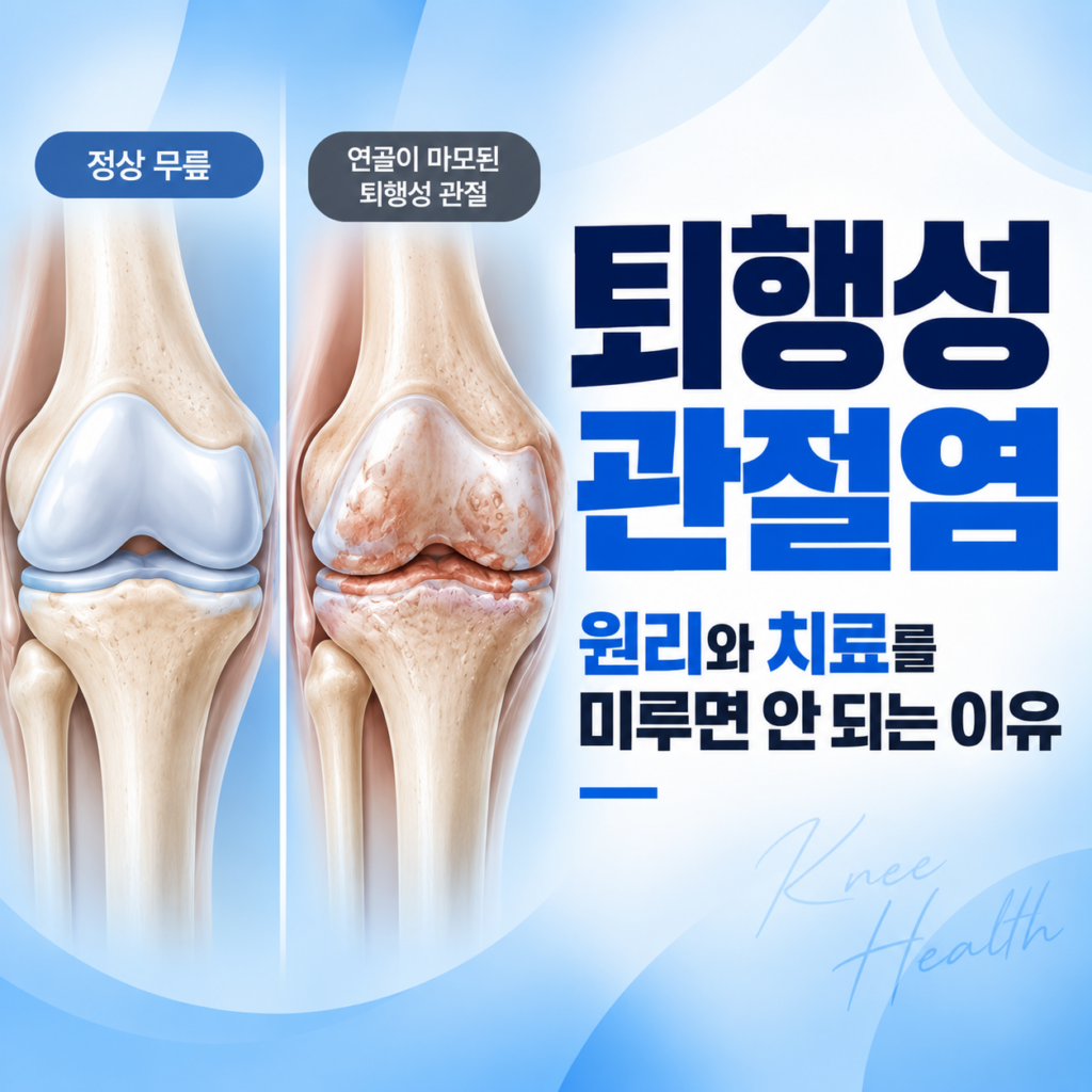 정상 무릎과 연골이 마모되어 염증이 생긴 퇴행성 관절염 무릎의 해부학적 비교 일러스트. 오른쪽에 '퇴행성 관절염', '원리와 치료를 미루면 안 되는 이유'라는 한글 텍스트와 흐릿한 'Knee Health' 영문 텍스트가 명시되어 있다.