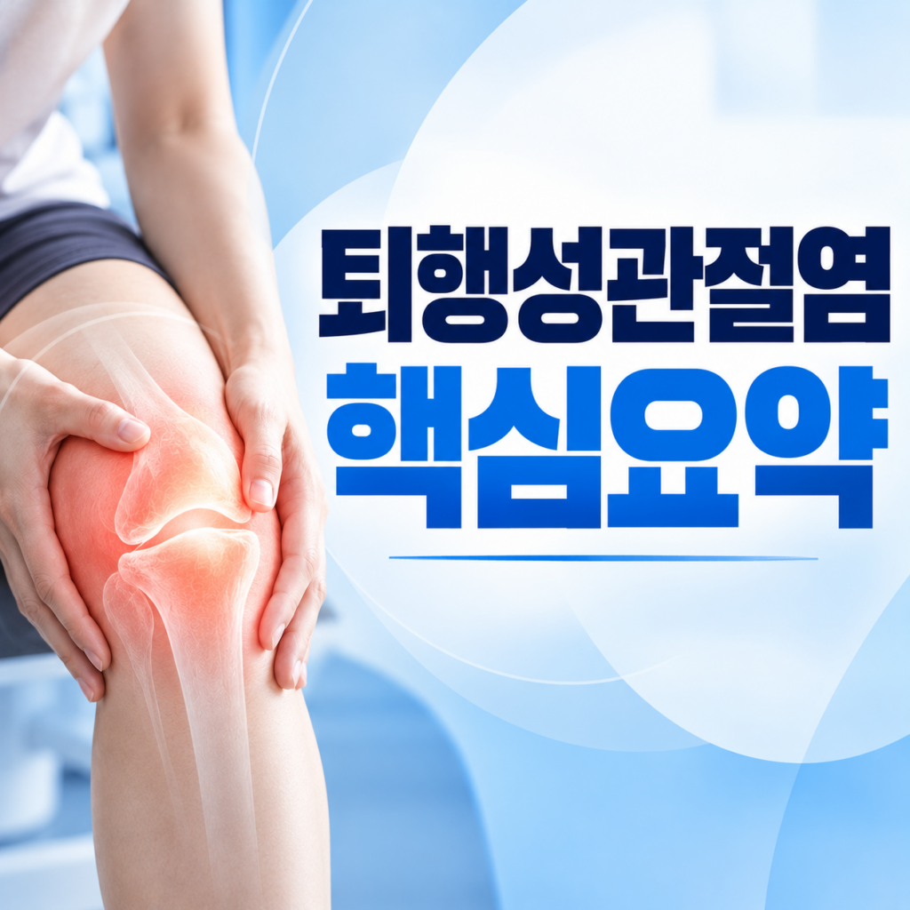 '퇴행성관절염 예방 관리법 핵심요약'이라는 제목 아래, 통증 부위가 붉게 빛나는 무릎을 손으로 감싸고 있는 사람의 다리와 그 내부 관절 그래픽을 보여주는 의료 정보 인포그래픽.
