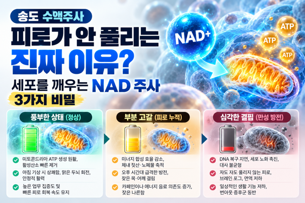 '송도 수액주사', '피로가 안 풀리는 진짜 이유? 세포를 깨우는 NAD 주사 3가지 비밀' 문구와 함께, 푸른빛의 NAD+가 미토콘드리아를 활성화해 ATP 생체 에너지를 방출하는 원리 및 체내 NAD+ 상태별 3단계(풍부한 상태·부분 고갈·심각한 결핍) 신체 증상 비교가 담긴 건강 정보 인포그래픽.