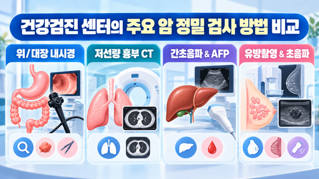 Medical infographic banner titled '건강검진 센터의 주요 암 정밀 검사 방법 비교' displaying four major cancer screening modalities: Upper & Lower Endoscopy, Low-Dose Chest CT, Liver Ultrasound & AFP Blood Test, and Mammography & Breast Ultrasound.