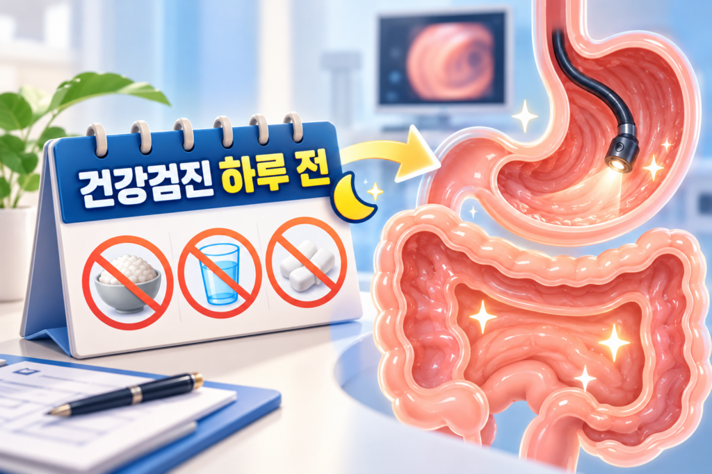 송도 건강검진 전 필독! 송도 위내시경 대장내시경 편안하게 받는 3가지 방법 3 병원 검진실 배경에 '건강검진 하루 전' 문구와 음식, 물, 약물 금지 표시가 있는 탁상 달력, 그리고 내시경 장비가 진입해 빛을 비추는 깨끗한 위와 대장 단면 3D 일러스트가 포함된 이미지