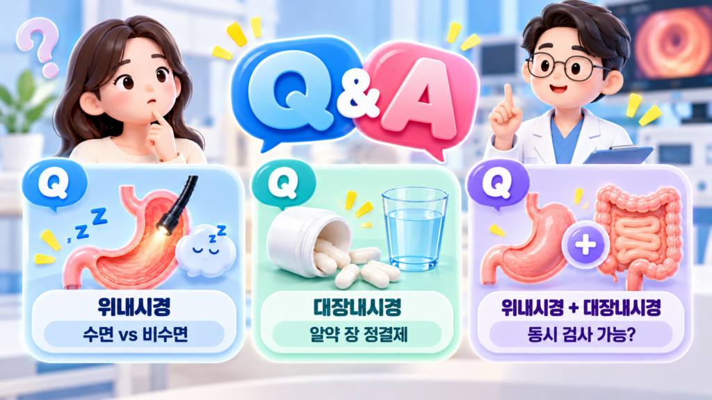 송도 건강검진 전 필독! 송도 위내시경 대장내시경 편안하게 받는 3가지 방법 7 질문하는 여성 캐릭터와 설명하는 의사 캐릭터, 중앙의 대형 Q&A 말풍선 아래에 '위내시경 수면 vs 비수면', '대장내시경 알약 장 정결제', '위내시경 + 대장내시경 동시 검사 가능?'의 3가지 질문 카드가 구성된 내시경 건강검진 Q&A 인포그래픽 이미지