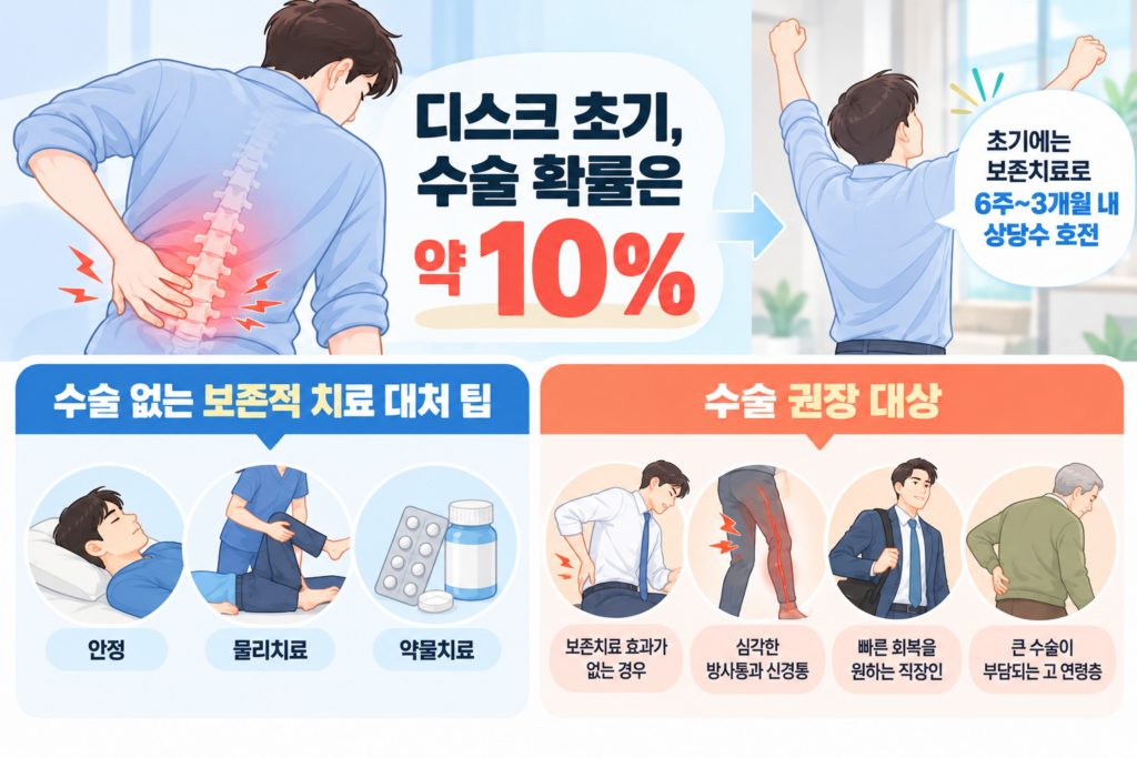 "디스크 초기, 수술 확률은 약 10%"라는 문구와 함께 허리 통증을 겪는 남성의 모습, 보존치료로 호전되어 기뻐하는 남성의 모습, 그리고 "수술 없는 보존적 치료 대처 팁"(안정, 물리치료, 약물치료)과 "수술 권장 대상"(보존치료 효과가 없는 경우, 심각한 방사통과 신경통, 빠른 회복을 원하는 직장인, 큰 수술이 부담되는 고 연령층)을 일러스트로 설명한 인포그래픽