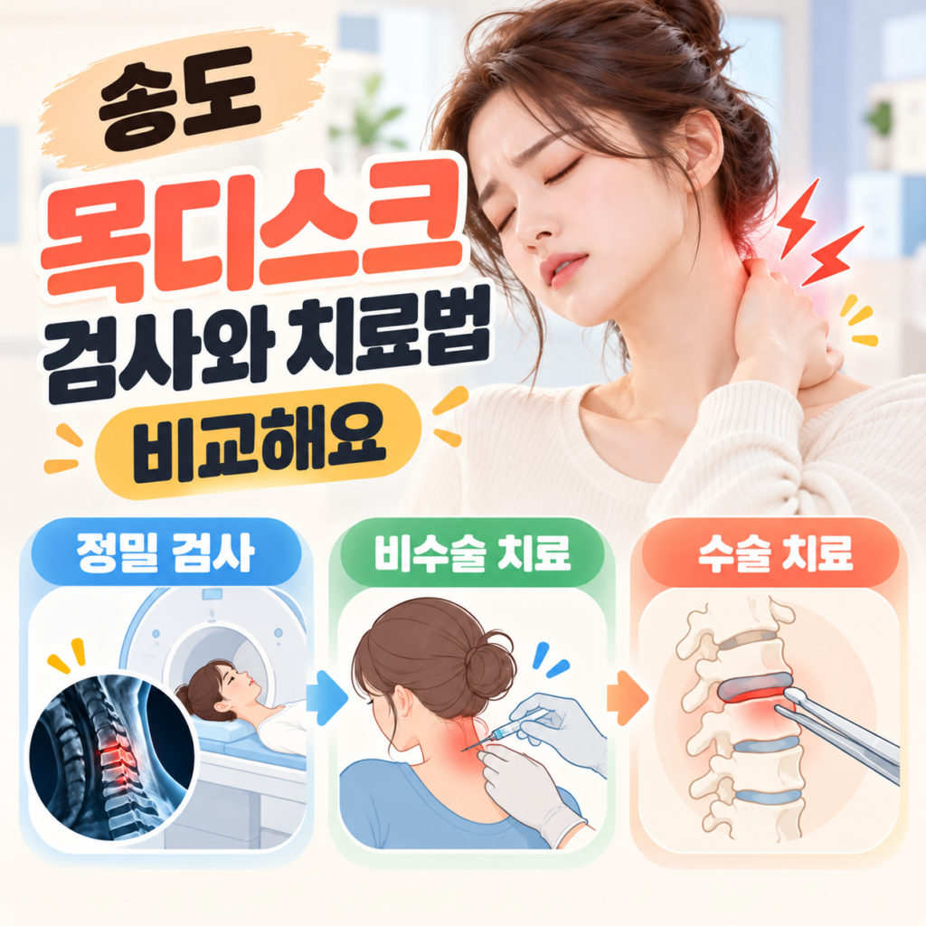 목 통증으로 목 뒤를 잡은 여성 일러스트와 '송도 목디스크 검사와 치료법 비교해요' 문구가 담긴 이미지. 하단에는 '정밀 검사'(MRI 장비와 척추 MRI 촬영 사진), '비수술 치료'(목 뒤에 주사 치료를 받는 여성), '수술 치료'(핀셋으로 척추 디스크를 시술하는 일러스트)가 3개 카드로 비교되어 있습니다.