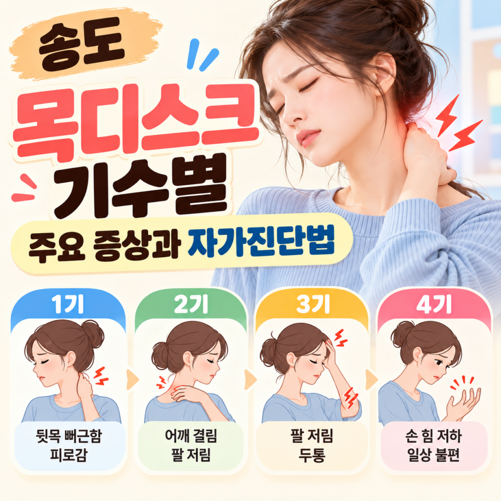 목 통증을 느끼며 목을 잡고 있는 여성 일러스트와 '송도 목디스크 기수별 주요 증상과 자가지단법' 타이틀 이미지. 하단에는 1기(뒷목 뻐근함, 피로감), 2기(어깨 결림, 팔 저림), 3기(팔 저림, 두통), 4기(손 힘 저하, 일상 불편)로 나뉜 기수별 주요 증상이 단계별 카드로 정리되어 있습니다.