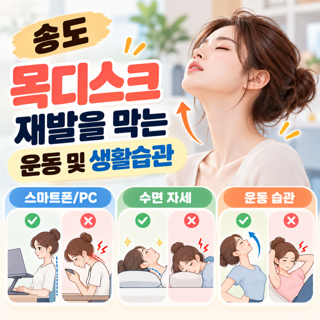 목을 뒤로 젖히며 스트레칭하는 여성 일러스트와 '송도 목디스크 재발을 막는 운동 및 생활습관' 문구가 담긴 이미지입니다. 하단에는 '스마트폰/PC', '수면 자세', '운동 습관' 3가지 항목별 올바른 자세(O)와 잘못된 자세(X) 비교 일러스트가 들어있습니다.