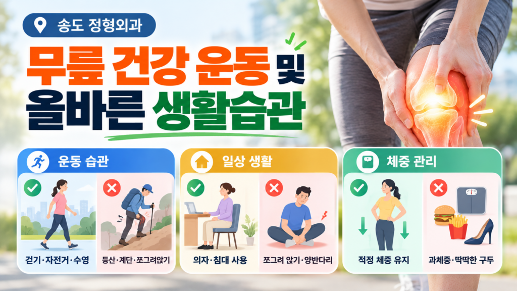 송도 정형외과 무릎 수술 고민 중이라면? 3가지 단계별 치료와 로봇 수술 가이드 4 송도 정형외과의 무릎 건강 운동 및 올바른 생활습관 안내 이미지입니다. 우측 상단에는 통증이 붉게 강조된 무릎을 감싸 쥐고 있는 모습이 담겨 있고, 하단에는 운동 습관(권장: 걷기·자전거·수영 / 주의: 등산·계단·쪼그려앉기), 일상 생활(권장: 의자·침대 사용 / 주의: 쪼그려 앉기·양반다리), 체중 관리(권장: 적정 체중 유지 / 주의: 과체중·딱딱한 구두) 3가지 분야의 올바른 습관과 주의할 습관 비교 일러스트 카드가 배치되어 있습니다.