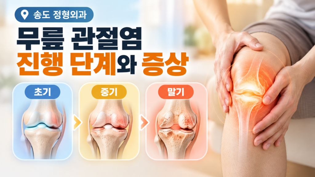 송도 정형외과 무릎 수술 고민 중이라면? 3가지 단계별 치료와 로봇 수술 가이드 2 송도 정형외과의 무릎 관절염 진행 단계와 증상 안내 이미지입니다. 좌측에는 무릎 관절염의 초기, 중기, 말기 3단계별 연골 손상 및 진행 과정 일러스트가 제시되어 있고, 우측에는 붉은 통증 표시가 강조된 무릎을 손으로 감싸 쥐고 있는 모습이 담겨 있습니다.