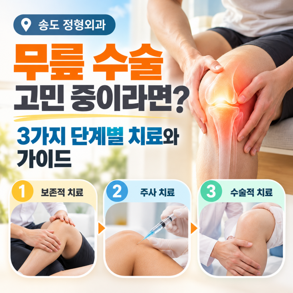송도 정형외과의 무릎 수술 고민 해결을 위한 3가지 단계별 치료 가이드 안내 이미지입니다. 우측에는 무릎 통증 부위가 붉게 빛나는 인물 이미지가 있으며, 하단에는 1단계 보존적 치료, 2단계 주사 치료, 3단계 수술적 치료 카드가 순서대로 화살표 연결되어 있습니다.