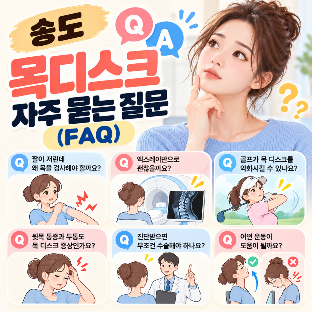 생각에 잠긴 여성 일러스트와 '송도 목디스크 자주 묻는 질문 (FAQ)' 타이틀이 담긴 이미지입니다. 하단에는 팔 저림, 엑스레이 검사, 골프 영향, 두통 증상, 수술 여부, 추천 운동 등 6가지 FAQ 질문과 해당 내용을 시각화한 일러스트 카드가 배치되어 있습니다.