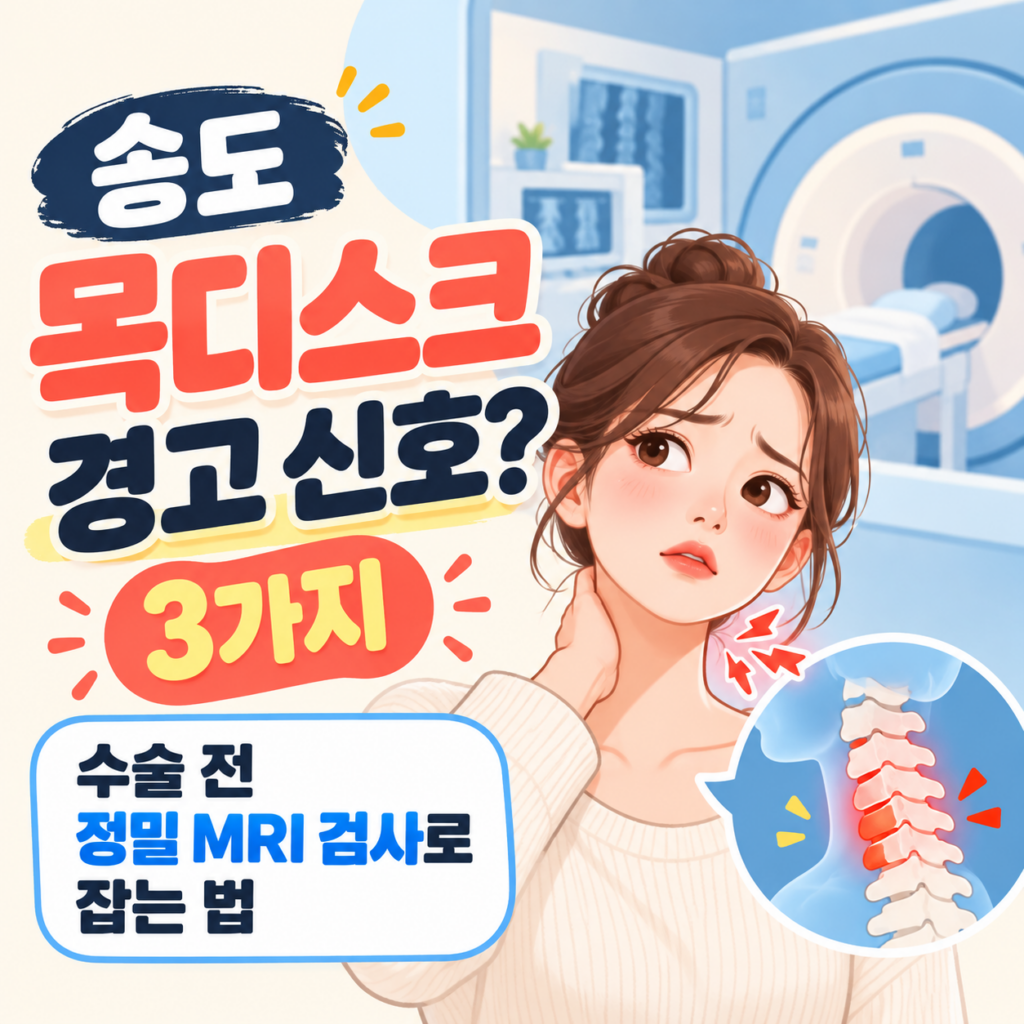 목 통증으로 목 뒤를 잡고 있는 여성과 '송도 목디스크 경고 신호? 3가지', '수술 전 정밀 MRI 검사로 잡는 법' 문구가 담긴 이미지. 우측에는 MRI 검사 장비와 붉게 강조된 경추 디스크 그래픽이 있습니다.