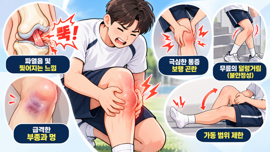 중앙의 남성이 무릎을 움켜쥐고 통증을 호소하는 모습과 함께 십자인데 파열 시 겪게 되는 대표적인 5가지 증상(파열음 및 찢어지는 느낌, 극심한 통증/보행 곤란, 무릎의 덜렁거림/불안정성, 급격한 부종과 멍, 가동 범위 제한)을 직관적인 부위별 삽화와 설명 텍스트로 나타낸 인포그래픽입니다.
