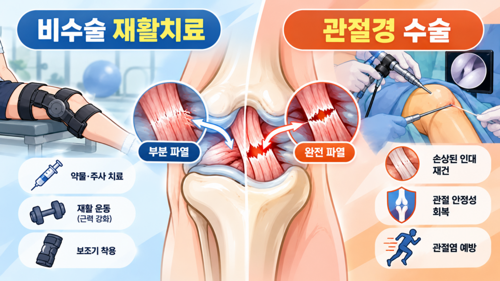 무릎 인대의 부분 파열과 완전 파열 상태에 맞춰 비수술 재활치료와 관절경 수술을 대조하여 보여주는 의료 인포그래픽 일러스트입니다. 좌측에는 보조기 착용 모습과 함께 약물·주사 치료, 근력 강화 재활 운동, 보조기 착용 안내가 담겨 있으며, 우측에는 수술실의 관절경 수술 장면과 함께 손상된 인대 재건, 관절 안정성 회복, 관절염 예방 효과가 안내되어 있습니다.