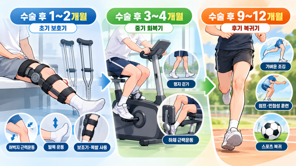 무릎 수술 후 회복 과정을 시기별 3단계로 나누어 설명하는 재활 운동 가이드 인포그래픽으로, '수술 후 1~2개월(초기 보호기: 허벅지 근력운동, 발목 운동, 보조기·목발 사용)', '수술 후 3~4개월(중기 회복기: 실내 자전거, 평지 걷기, 하체 근력운동)', '수술 후 9~12개월(후기 복귀기: 가벼운 조깅, 점프·민첩성 훈련, 스포츠 복귀)'의 단계별 권장 운동과 활동이 직관적인 삽화와 함께 구성되어 있습니다.