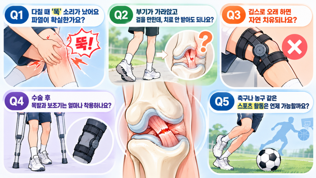중앙의 파열된 무릎 십자인대 일러스트를 중심으로 환자들이 자주 묻는 5가지 질문(Q1. '뚝' 소리와 파열 여부, Q2. 부기 완화 후 치료 필요성, Q3. 깁스 자연 치유 가능 여부와 X 표시, Q4. 수술 후 목발 및 보조기 착용 기간, Q5. 스포츠 복귀 가능 시점)을 직관적인 삽화와 함께 정리한 Q&A 인포그래픽입니다.