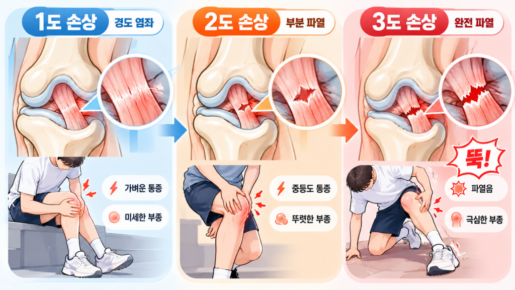무릎 인대 손상 단계를 1도(경도 염좌), 2도(부분 파열), 3도(완전 파열)의 3단계로 구분하여 각 단계별 인대 손상 상태, 부상자의 행동, 통증 및 부종의 정도를 비교해 보여주는 인포그래픽 일러스트입니다.