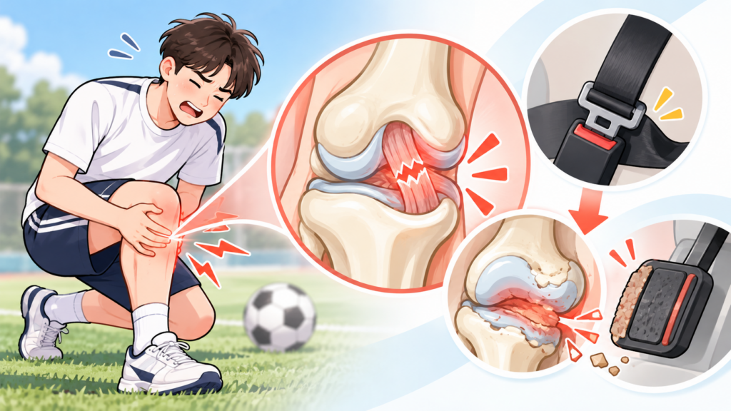 한 남성이 운동장에서 축구를 하던 중 무릎을 움켜쥐고 통증을 호소하는 모습과 함께, 무릎 내부의 십자인데 파열 및 연골 손상 과정을 안전벨트와 닳은 브레이크 패드 비유를 통해 설명하는 일러스트입니다.