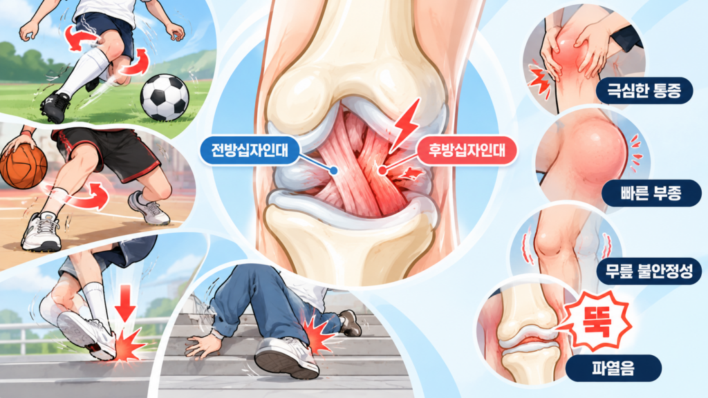 중앙의 무릎 전방 및 후방 십자인데 일러스트를 중심으로, 왼쪽에는 인대 파열을 유발하는 상황들(방향 전환, 급정거, 착지, 낙상)을, 오른쪽에는 대표적인 증상들(극심한 통증, 빠른 부종, 무릎 불안정성, 뚝 하는 파열음)을 직관적인 그림과 텍스트로 설명하는 인포그래픽 일러스트입니다.