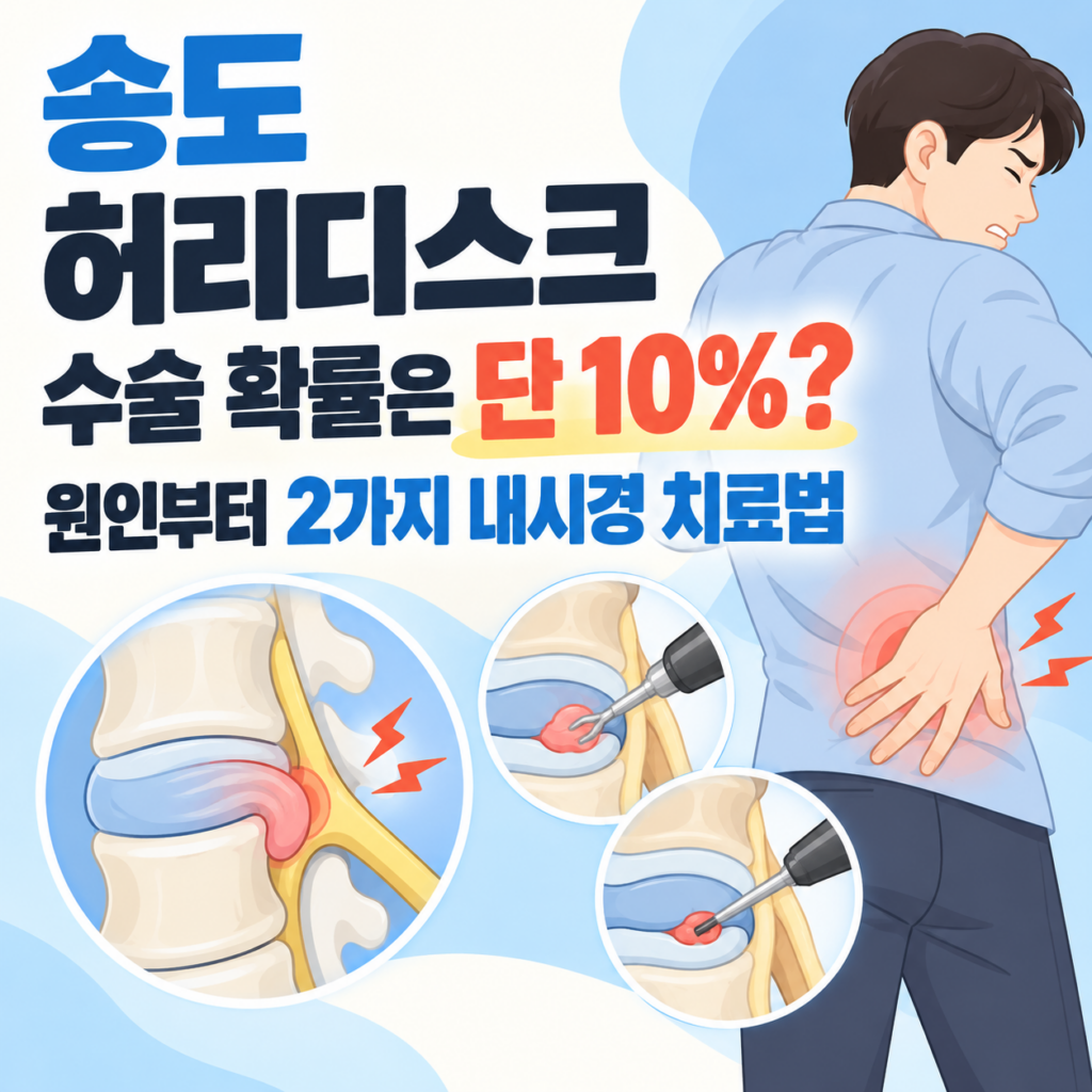 허리 통증을 호소하는 남성과 척추 신경을 압박하는 탈출된 디스크 및 내시경 치료 과정을 나타낸 단면도, '송도 허리디스크 수술 확률은 단 10%? 원인부터 2가지 내시경 치료법' 문구가 포함된 인포그래픽