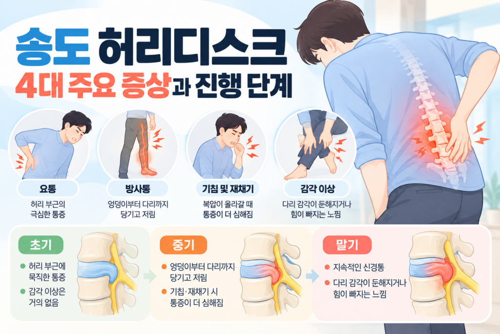 척추 통증을 겪는 남성의 모습과 허리디스크 4대 주요 증상(요통, 방사통, 기침·재채기 시 통증, 감각 이상) 및 초기·중기·말기 3단계별 척추 디스크 돌출과 신경 압박 상태를 나타낸 인포그래픽