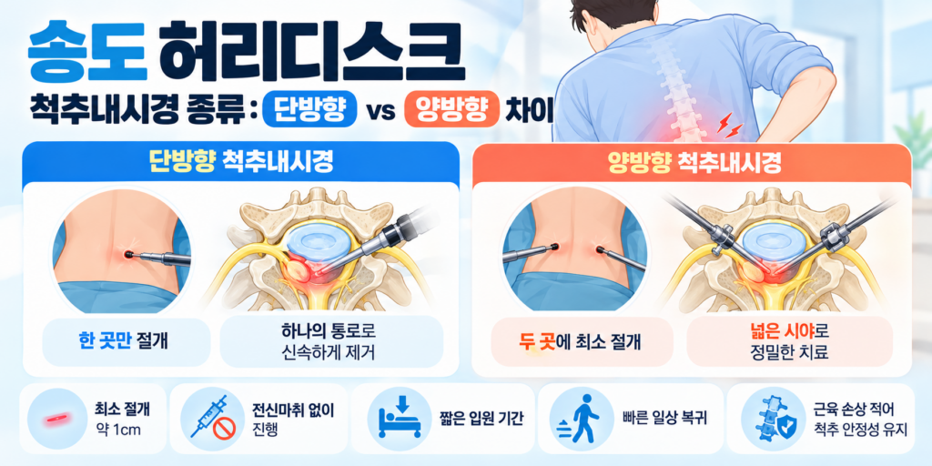 "송도 허리디스크 척추내시경 종류: 단방향 vs 양방향 차이"를 설명하는 인포그래픽. 한 곳만 절개하여 하나의 통로로 제거하는 단방향 내시경과 두 곳에 최소 절개하여 넓은 시야로 치료하는 양방향 내시경의 절개 부위 및 척추 단면도가 비교되어 있으며, 하단에는 최소 절개(약 1cm), 전신마취 없이 진행, 짧은 입원 기간, 빠른 일상 복귀, 근육 손상 최소화 등의 특장점이 아이콘과 함께 표시됨.