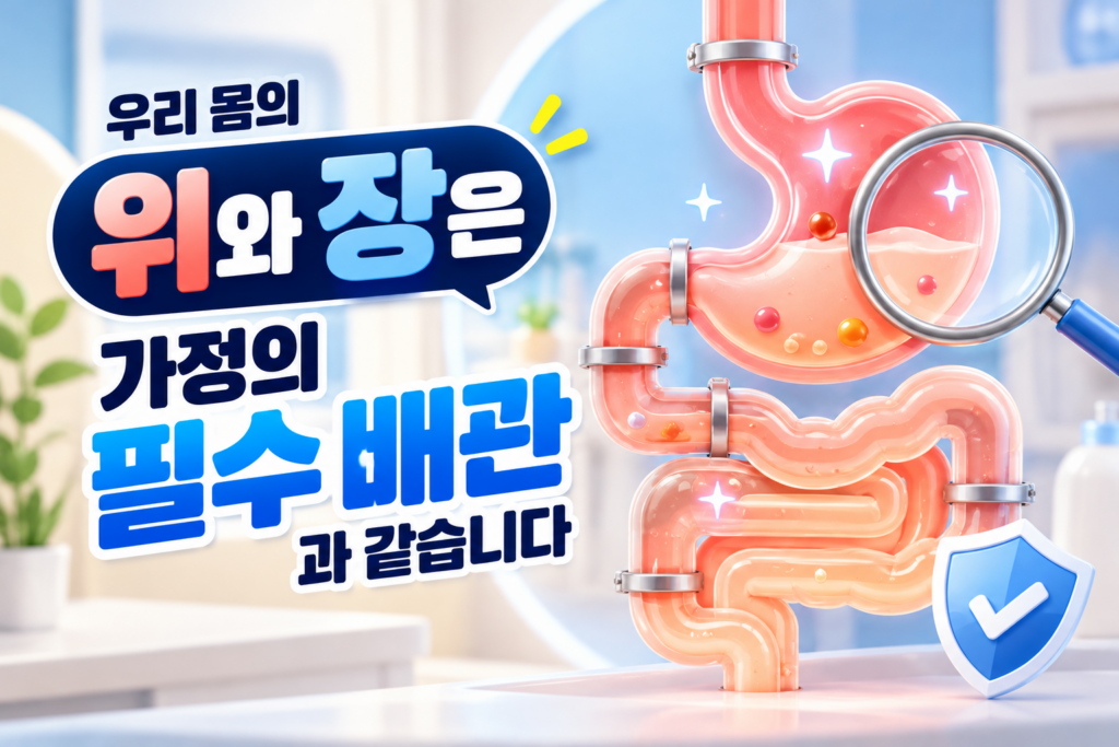 송도 건강검진 전 필독! 송도 위내시경 대장내시경 편안하게 받는 3가지 방법 2 실내 인테리어를 배경으로 투명한 배관처럼 묘사된 위와 장 3D 일러스트에 돋보기가 비추고 있으며, '우리 몸의 위와 장은 가정의 필수 배관과 같습니다'라는 문구와 우측 하단의 방패 아이콘이 포함된 건강 비교 안내 이미지