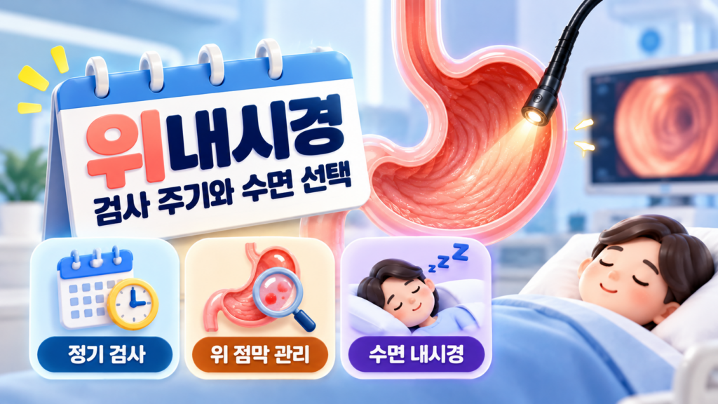 송도 건강검진 전 필독! 송도 위내시경 대장내시경 편안하게 받는 3가지 방법 5 병원 검진실을 배경으로 '위내시경 검사 주기와 수면 선택'이라는 문구가 적힌 달력과 내시경 장비가 위 내부를 비추는 일러스트, 그리고 '정기 검사', '위 점막 관리', '수면 내시경'을 뜻하는 세 개의 아이콘 카드와 침대에 누워 편안하게 잠든 환자 캐릭터가 포함된 건강 검진 안내 이미지