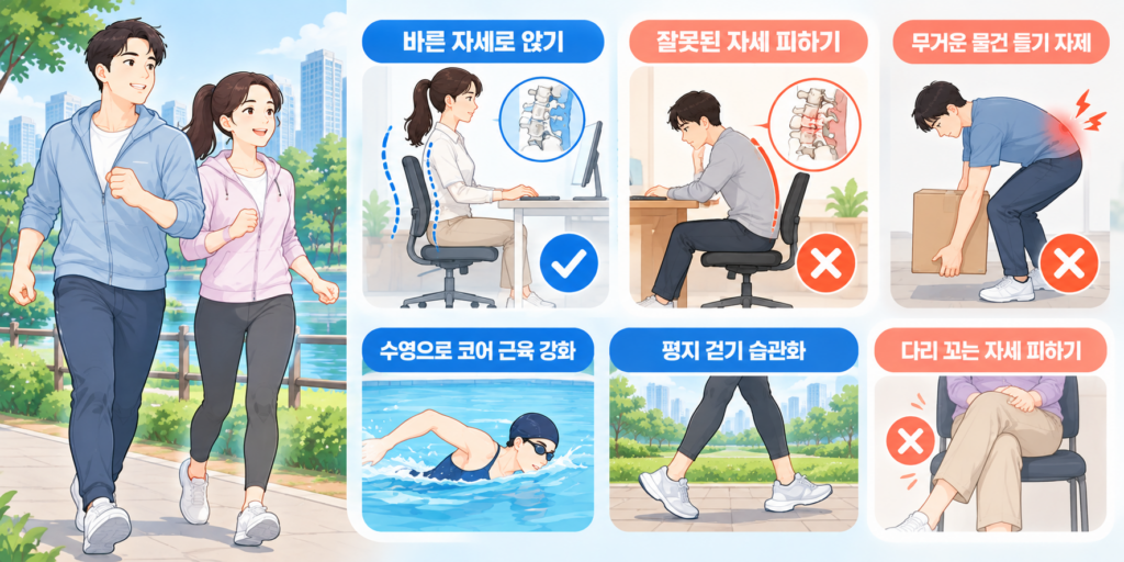야외 공원에서 걷기 운동을 하는 남녀와 함께 허리디스크 예방을 위한 건강 습관(바른 자세로 앉기, 수영으로 코어 근육 강화, 평지 걷기 습관화) 및 피해야 할 잘못된 자세(구부정한 착석 자세, 허리 굽혀 무거운 물건 들기, 다리 꼬기)를 비교하여 안내하는 인포그래픽