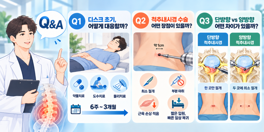 의사 일러스트와 함께 허리디스크 및 척추내시경 수술에 대한 3가지 핵심 질문(Q1 디스크 초기 보존치료와 6주~3개월 경과, Q2 약 1cm 최소 절개·부분 마취·빠른 회복 등 내시경 수술 장점, Q3 단방향 vs 양방향 척추내시경 절개 및 시술 방식 비교)을 정리한 Q&A 인포그래픽